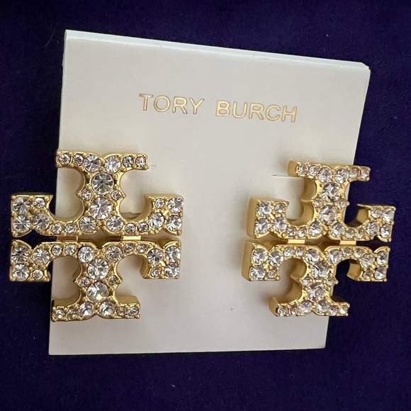 Tory Burch Authentic Kira Crystal Pave Tory Logo Gold Bold Stud Earrings - Picture 11 of 13